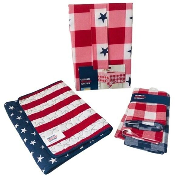 New! Patriotic Americana Stripes Stars Kitchen Table Linens Runner Napkins Set - Picture 1 of 13